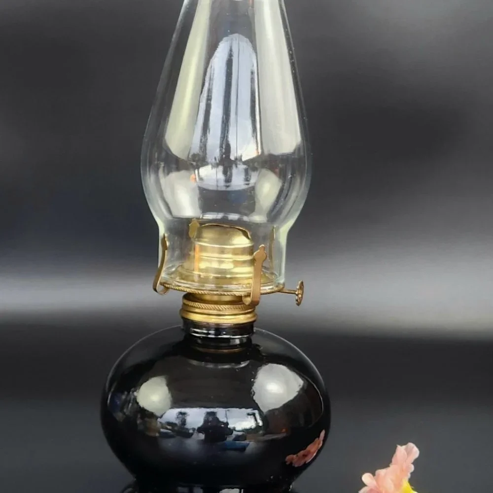 Vintage Oil Lamp - Black Base - Floral Design - 14 1/4